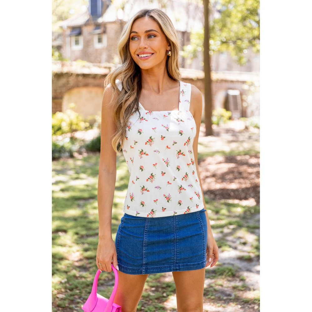 Cupshe White Ditsy Floral Ribbed Square‎ Neck Tank Top XL